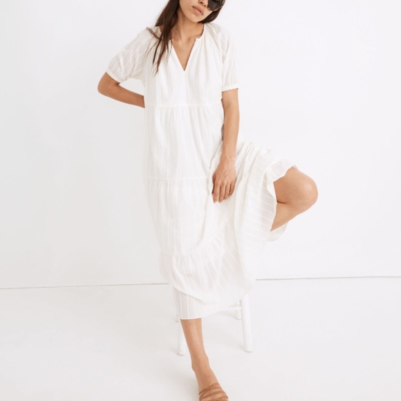 Madewell Dresses & Skirts - Madewell Bubble Sleeve Tiered Midi Dress in Textural Stripe Off White L